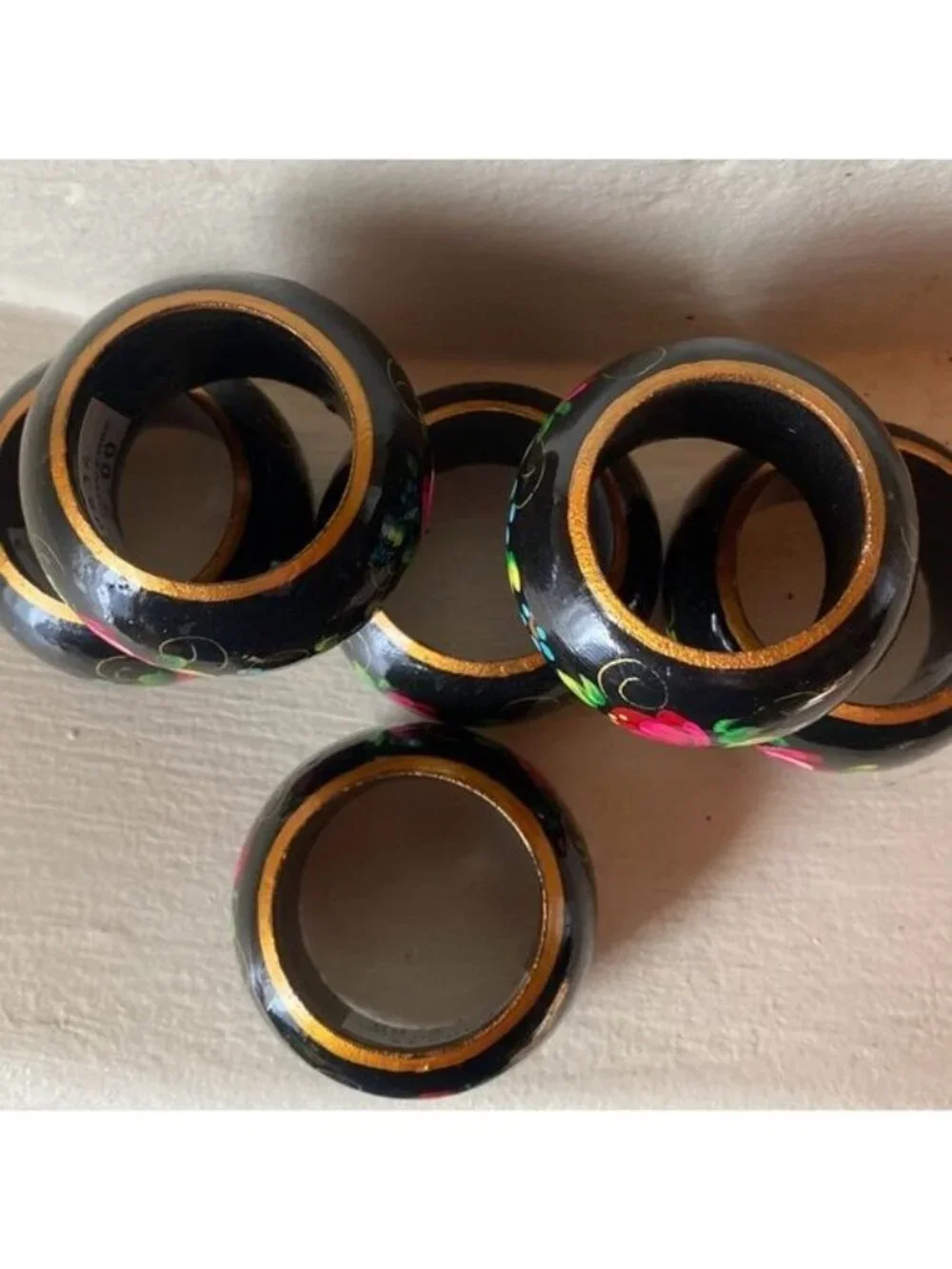 Russian Hand Painted Black Laquered Wood Floral Napkin Rings